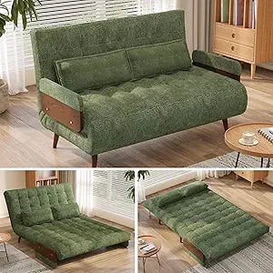 Convertible Sleeper Chair Bed Futon Sofa Bed, 3-in-1 Foldable Lazy Sofa Bed with Wood Arm and Pillows, Linen Chaise Lounge Couch
