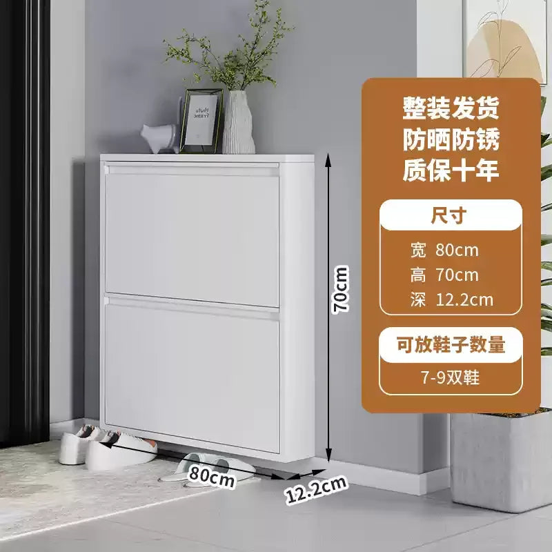 Slim Steel Shoe Rack with Flip Door, Multi-Layer Entryway Storage Cabinet, Compact Wall-Mounted Shoe Shelf for Small Spaces