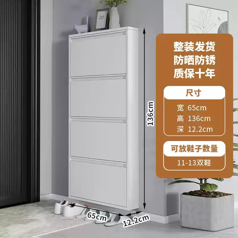 Slim Steel Shoe Rack with Flip Door, Multi-Layer Entryway Storage Cabinet, Compact Wall-Mounted Shoe Shelf for Small Spaces