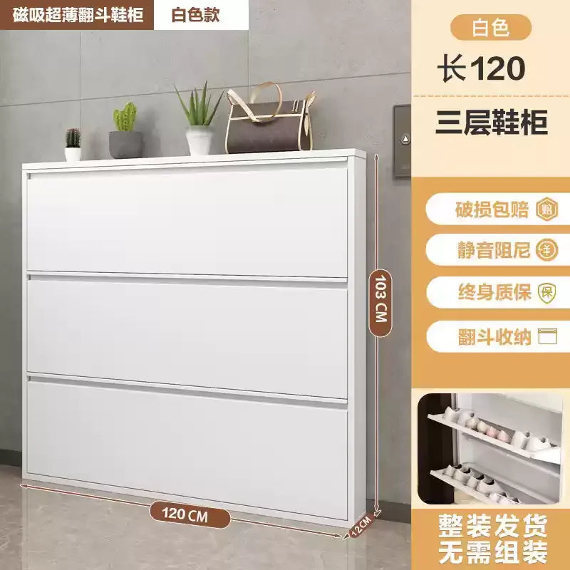 Slim Steel Shoe Rack with Flip Door, Multi-Layer Entryway Storage Cabinet, Compact Wall-Mounted Shoe Shelf for Small Spaces