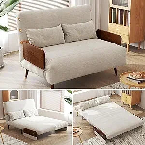 Convertible Sleeper Chair Bed Futon Sofa Bed, 3-in-1 Foldable Lazy Sofa Bed with Wood Arm and Pillows, Linen Chaise Lounge Couch
