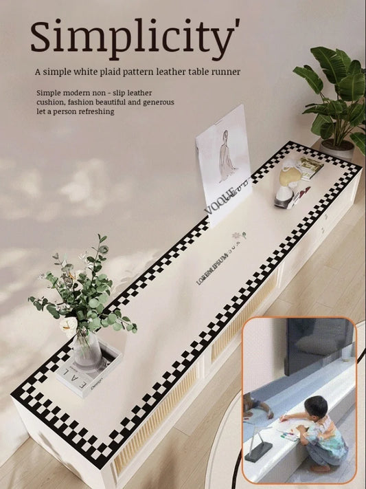 Simple checkerboard grid TV cabinet mat light luxury leather pvc dust mat kitchen table waterproof oilproof mat