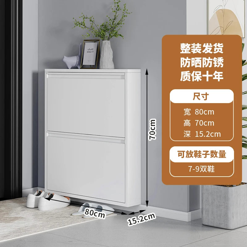 Slim Steel Shoe Rack with Flip Door, Multi-Layer Entryway Storage Cabinet, Compact Wall-Mounted Shoe Shelf for Small Spaces
