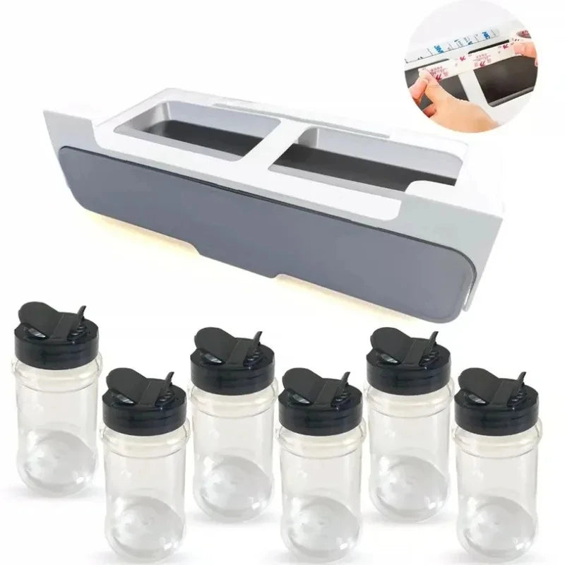 1pc Plastic Seasoning Bottle Storage Rack Punch-free Adjustable Seasoning Box Salt Sugar Seasoning Jar Set Kitchen Organizer