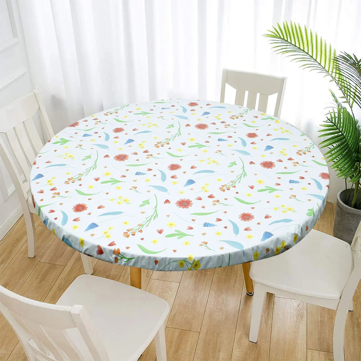 Waterproof Round Tablecloth PVC Table Decoration and Accessories Flannel Backed Elastic Edged Round Table Cover for Home Kitchen