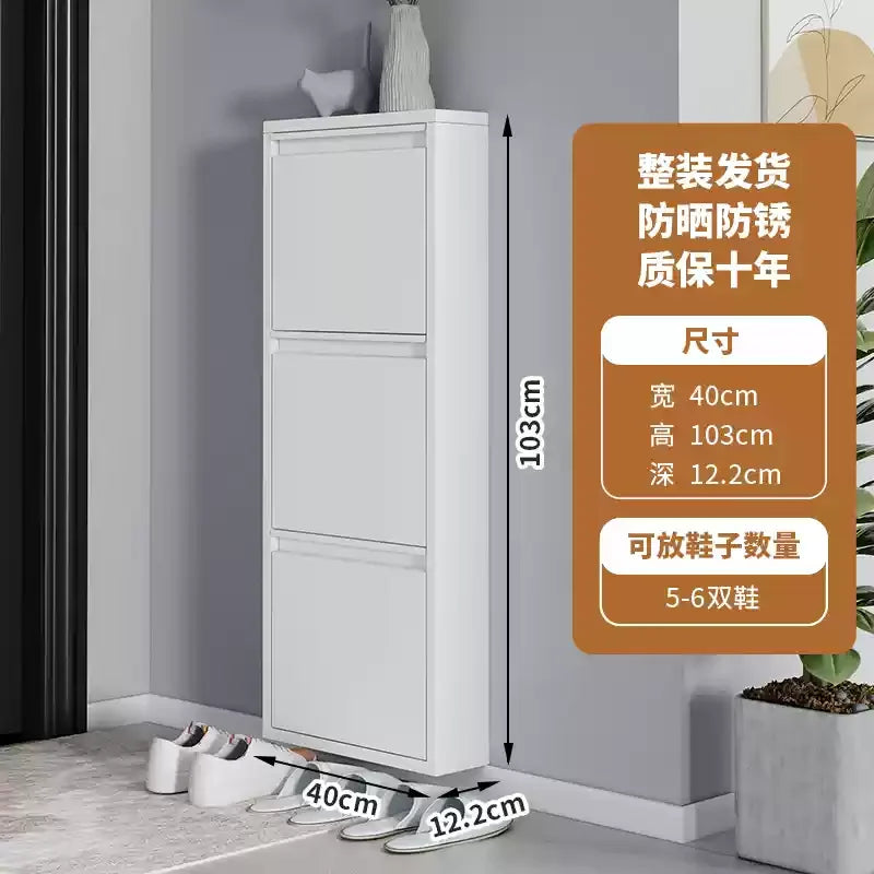 Slim Steel Shoe Rack with Flip Door, Multi-Layer Entryway Storage Cabinet, Compact Wall-Mounted Shoe Shelf for Small Spaces