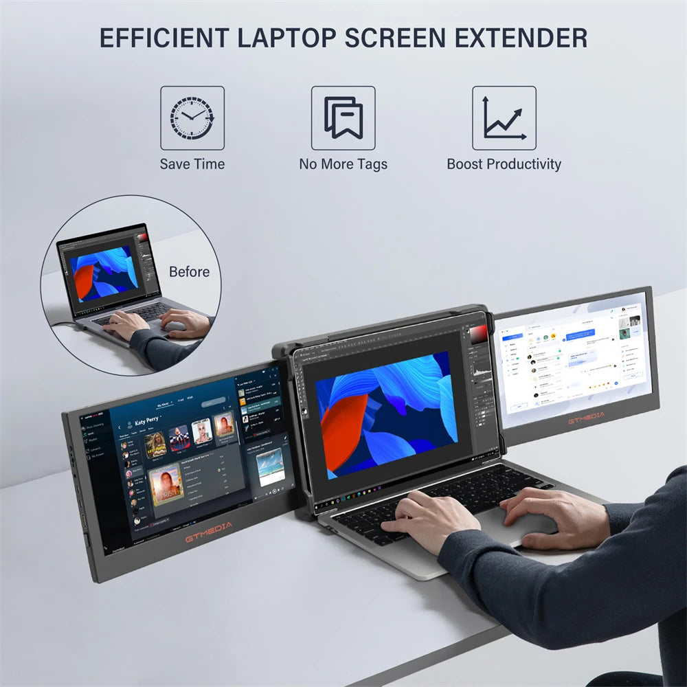 GTMEDIA 11.6Inch Portable Monitor 1920*1080 IPS FHD Triple Dual Extender Screen Full View Fold Display For 13.0-17.3Inch Laptops