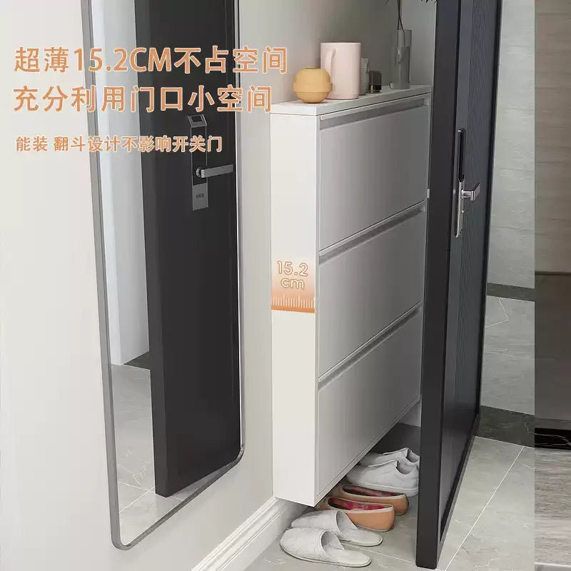 Slim Steel Shoe Rack with Flip Door, Multi-Layer Entryway Storage Cabinet, Compact Wall-Mounted Shoe Shelf for Small Spaces