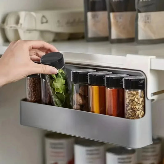1pc Plastic Seasoning Bottle Storage Rack Punch-free Adjustable Seasoning Box Salt Sugar Seasoning Jar Set Kitchen Organizer