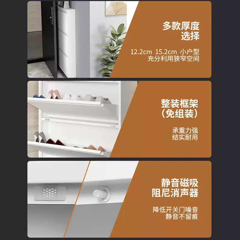 Slim Steel Shoe Rack with Flip Door, Multi-Layer Entryway Storage Cabinet, Compact Wall-Mounted Shoe Shelf for Small Spaces