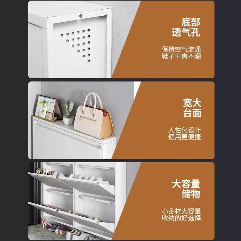 Slim Steel Shoe Rack with Flip Door, Multi-Layer Entryway Storage Cabinet, Compact Wall-Mounted Shoe Shelf for Small Spaces