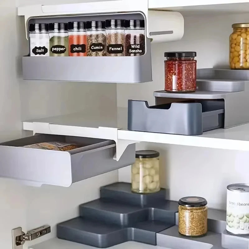 1pc Plastic Seasoning Bottle Storage Rack Punch-free Adjustable Seasoning Box Salt Sugar Seasoning Jar Set Kitchen Organizer