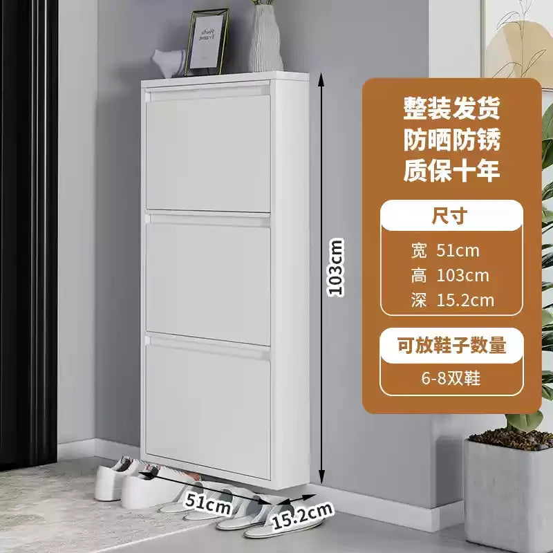 Slim Steel Shoe Rack with Flip Door, Multi-Layer Entryway Storage Cabinet, Compact Wall-Mounted Shoe Shelf for Small Spaces