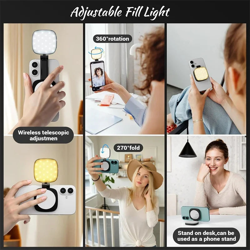 2 in 1 Magnetic Phone Selfie Light with Mirror for Magsafe IPhone Samsung Fill Light Led Ring Light Vlog Photography Accessories