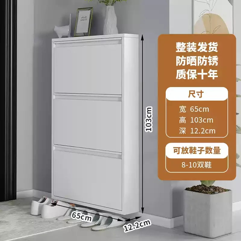 Slim Steel Shoe Rack with Flip Door, Multi-Layer Entryway Storage Cabinet, Compact Wall-Mounted Shoe Shelf for Small Spaces