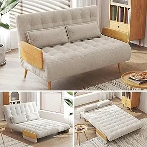 Convertible Sleeper Chair Bed Futon Sofa Bed, 3-in-1 Foldable Lazy Sofa Bed with Wood Arm and Pillows, Linen Chaise Lounge Couch