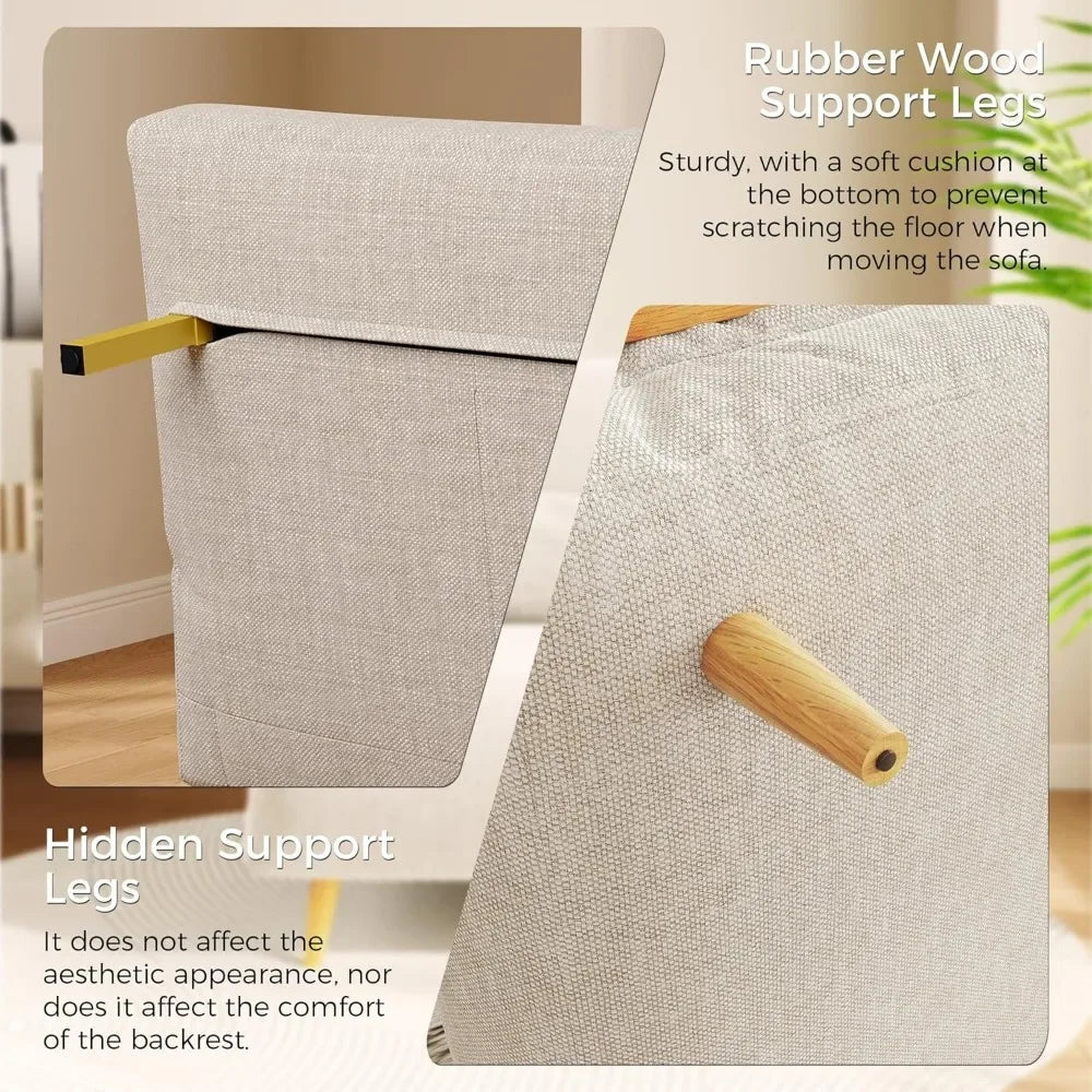 Convertible Sleeper Chair Bed Futon Sofa Bed, 3-in-1 Foldable Lazy Sofa Bed with Wood Arm and Pillows, Linen Chaise Lounge Couch