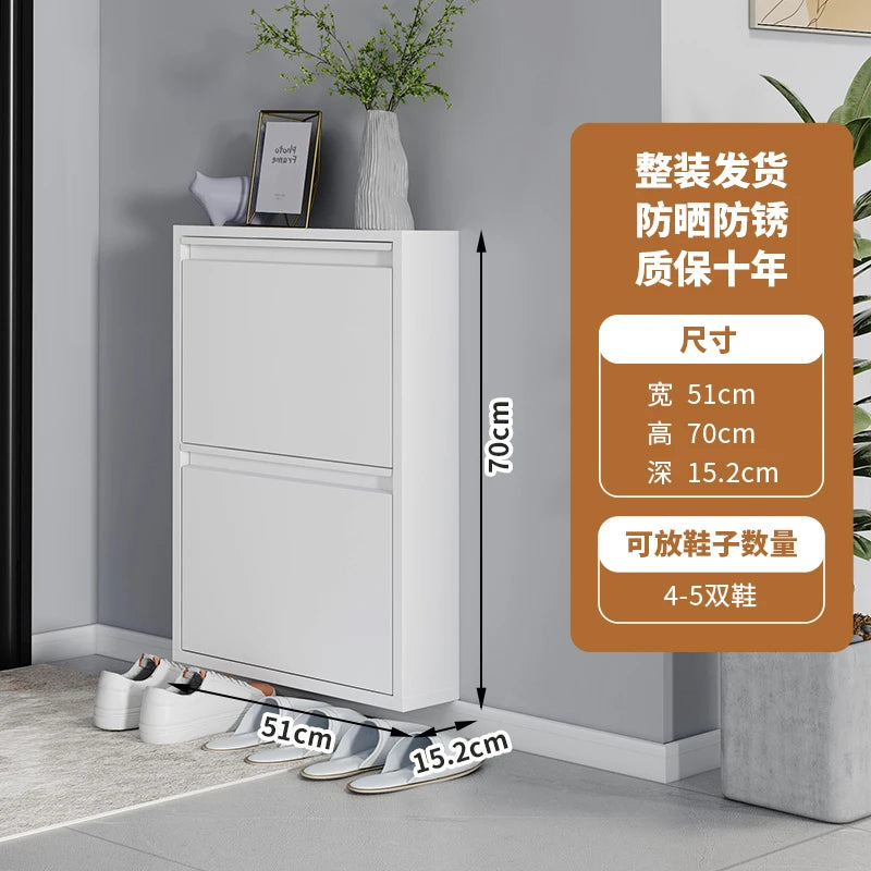 Slim Steel Shoe Rack with Flip Door, Multi-Layer Entryway Storage Cabinet, Compact Wall-Mounted Shoe Shelf for Small Spaces