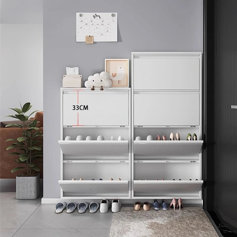 Slim Steel Shoe Rack with Flip Door, Multi-Layer Entryway Storage Cabinet, Compact Wall-Mounted Shoe Shelf for Small Spaces