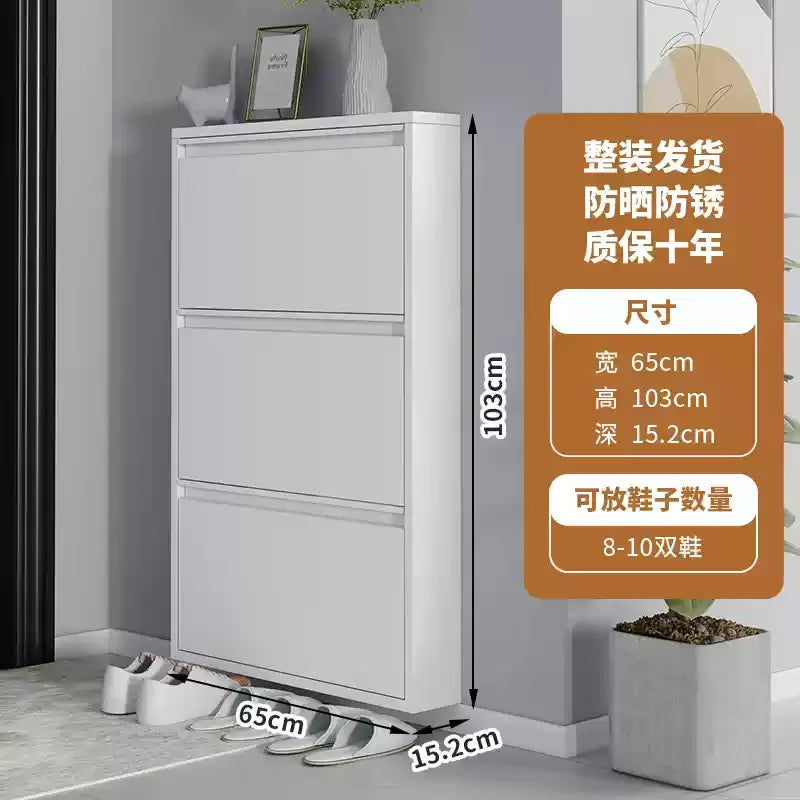 Slim Steel Shoe Rack with Flip Door, Multi-Layer Entryway Storage Cabinet, Compact Wall-Mounted Shoe Shelf for Small Spaces