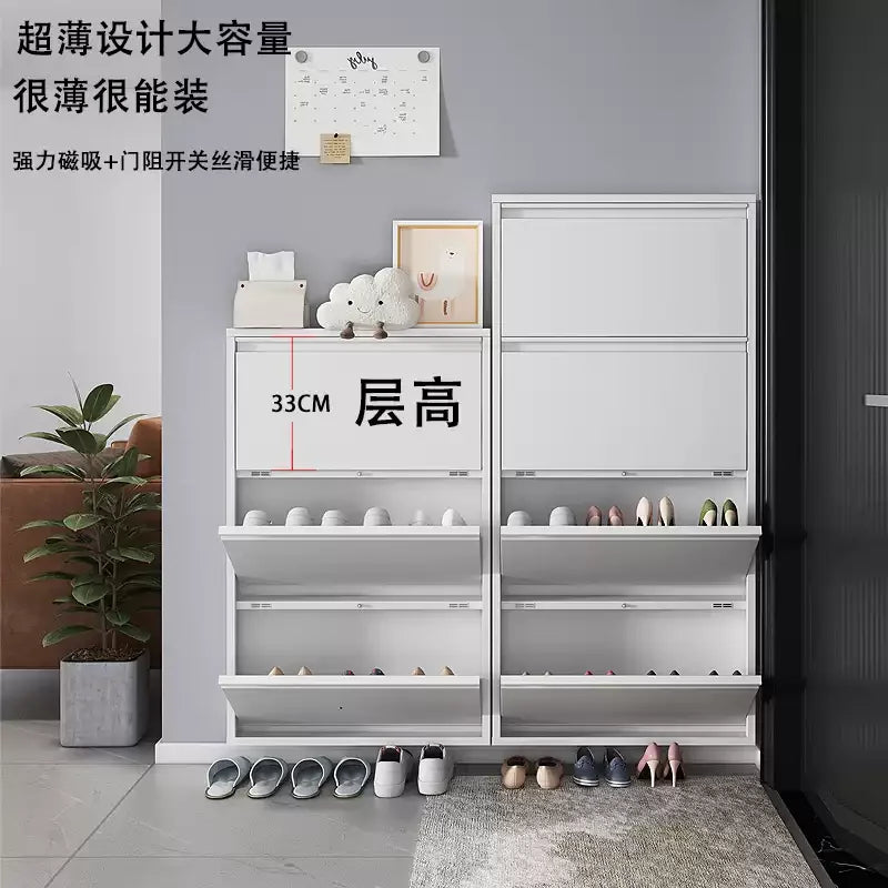 Slim Steel Shoe Rack with Flip Door, Multi-Layer Entryway Storage Cabinet, Compact Wall-Mounted Shoe Shelf for Small Spaces