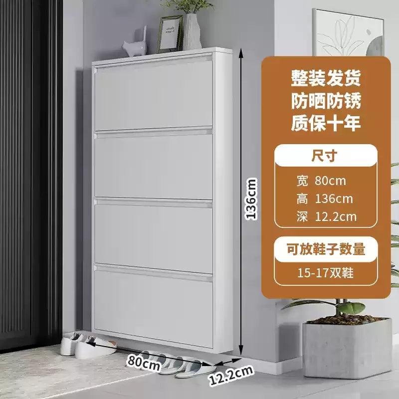Slim Steel Shoe Rack with Flip Door, Multi-Layer Entryway Storage Cabinet, Compact Wall-Mounted Shoe Shelf for Small Spaces