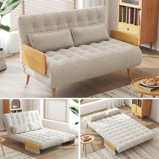 Convertible Sleeper Chair Bed Futon Sofa Bed, 3-in-1 Foldable Lazy Sofa Bed with Wood Arm and Pillows, Linen Chaise Lounge Couch