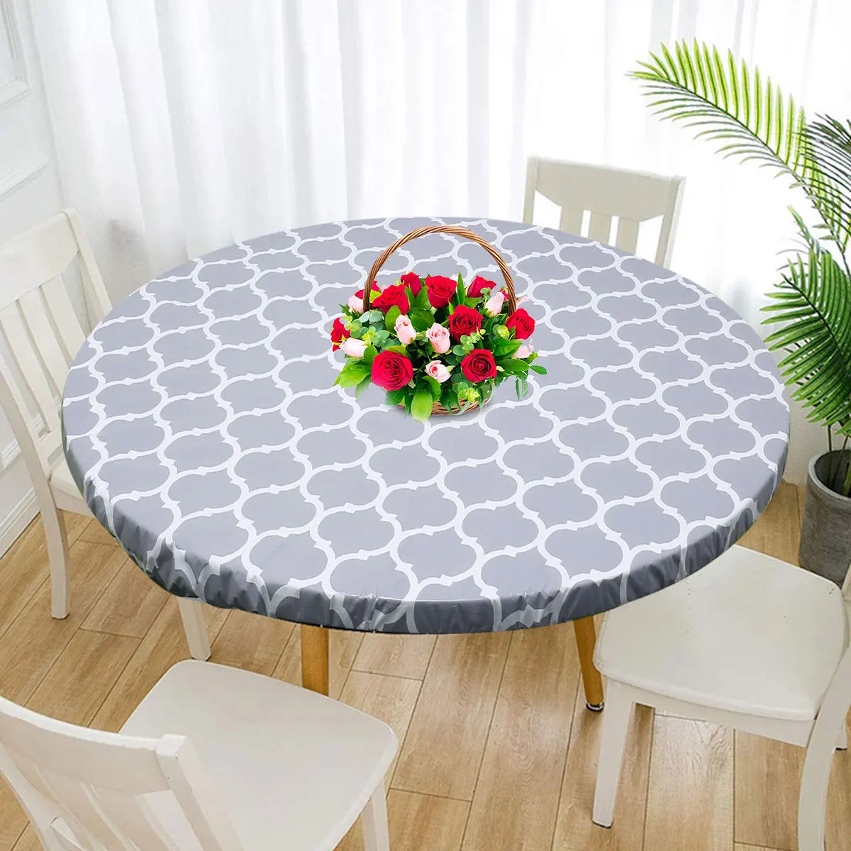 Waterproof Round Tablecloth PVC Table Decoration and Accessories Flannel Backed Elastic Edged Round Table Cover for Home Kitchen