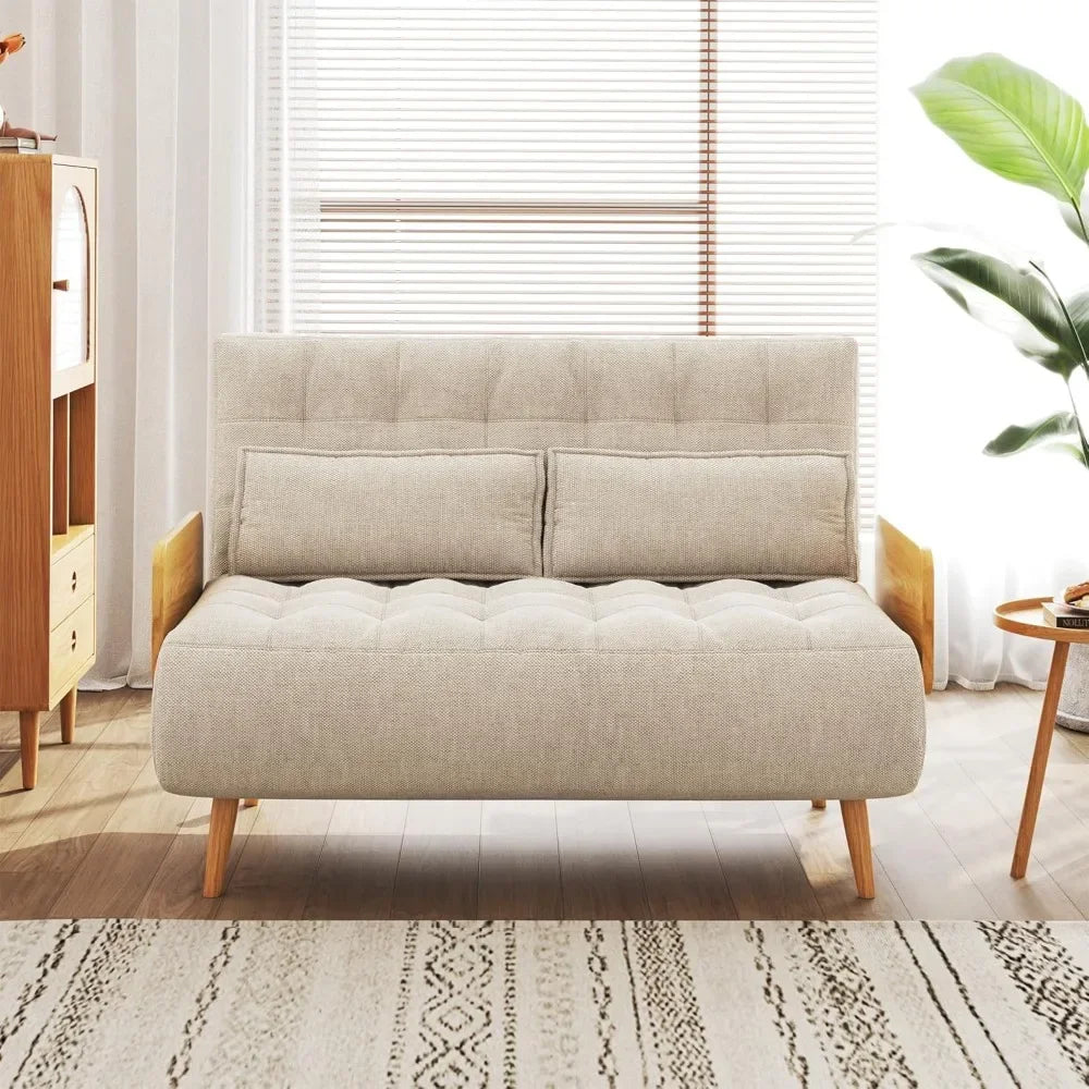 Convertible Sleeper Chair Bed Futon Sofa Bed, 3-in-1 Foldable Lazy Sofa Bed with Wood Arm and Pillows, Linen Chaise Lounge Couch