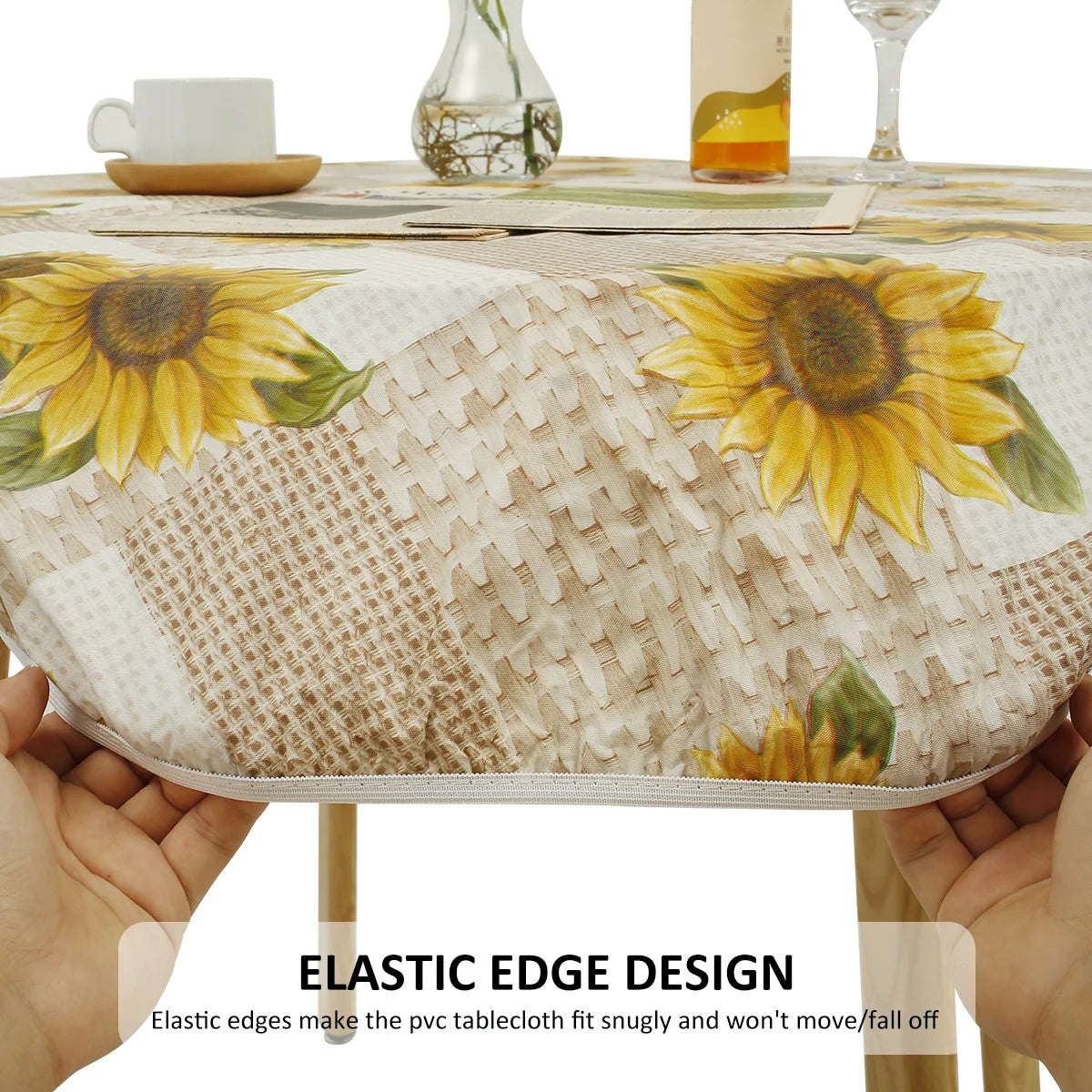 Waterproof Round Tablecloth PVC Table Decoration and Accessories Flannel Backed Elastic Edged Round Table Cover for Home Kitchen