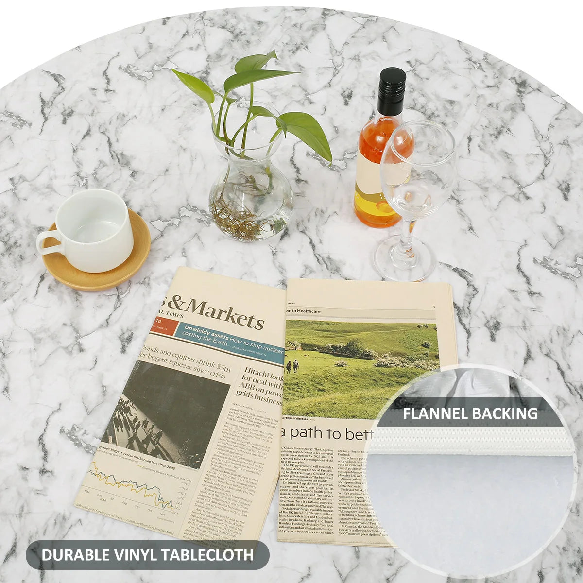 Waterproof Round Tablecloth PVC Table Decoration and Accessories Flannel Backed Elastic Edged Round Table Cover for Home Kitchen