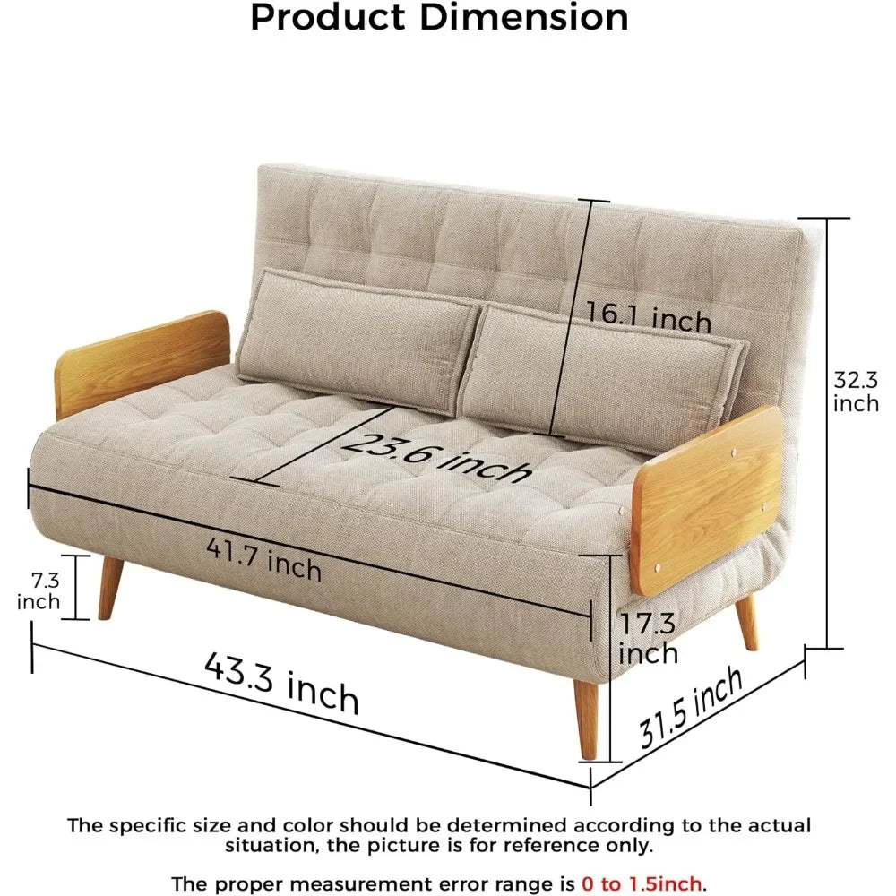 Convertible Sleeper Chair Bed Futon Sofa Bed, 3-in-1 Foldable Lazy Sofa Bed with Wood Arm and Pillows, Linen Chaise Lounge Couch