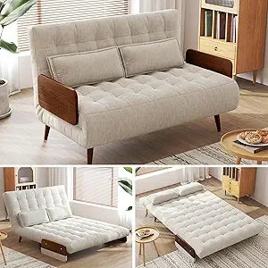 Convertible Sleeper Chair Bed Futon Sofa Bed, 3-in-1 Foldable Lazy Sofa Bed with Wood Arm and Pillows, Linen Chaise Lounge Couch