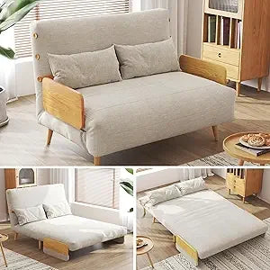 Convertible Sleeper Chair Bed Futon Sofa Bed, 3-in-1 Foldable Lazy Sofa Bed with Wood Arm and Pillows, Linen Chaise Lounge Couch