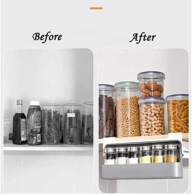 1pc Plastic Seasoning Bottle Storage Rack Punch-free Adjustable Seasoning Box Salt Sugar Seasoning Jar Set Kitchen Organizer