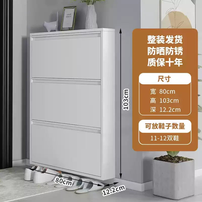 Slim Steel Shoe Rack with Flip Door, Multi-Layer Entryway Storage Cabinet, Compact Wall-Mounted Shoe Shelf for Small Spaces