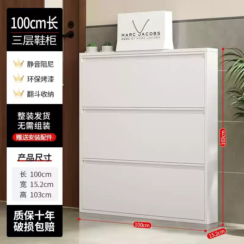 Slim Steel Shoe Rack with Flip Door, Multi-Layer Entryway Storage Cabinet, Compact Wall-Mounted Shoe Shelf for Small Spaces
