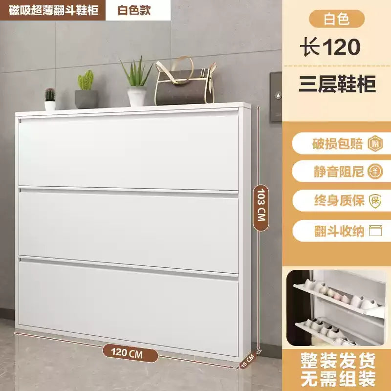Slim Steel Shoe Rack with Flip Door, Multi-Layer Entryway Storage Cabinet, Compact Wall-Mounted Shoe Shelf for Small Spaces