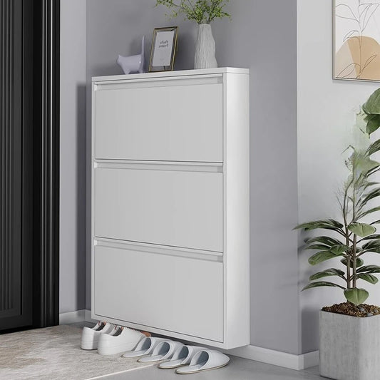 Slim Steel Shoe Rack with Flip Door, Multi-Layer Entryway Storage Cabinet, Compact Wall-Mounted Shoe Shelf for Small Spaces