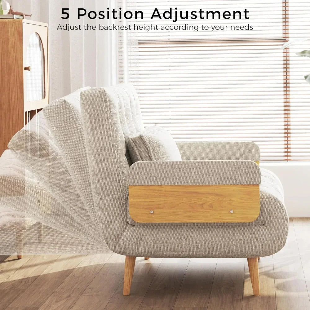 Convertible Sleeper Chair Bed Futon Sofa Bed, 3-in-1 Foldable Lazy Sofa Bed with Wood Arm and Pillows, Linen Chaise Lounge Couch