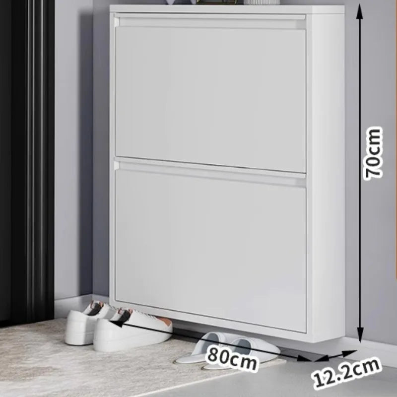 Slim Steel Shoe Rack with Flip Door, Multi-Layer Entryway Storage Cabinet, Compact Wall-Mounted Shoe Shelf for Small Spaces