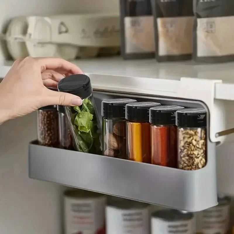 1pc Plastic Seasoning Bottle Storage Rack Punch-free Adjustable Seasoning Box Salt Sugar Seasoning Jar Set Kitchen Organizer