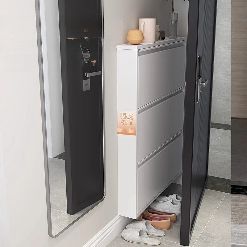Slim Steel Shoe Rack with Flip Door, Multi-Layer Entryway Storage Cabinet, Compact Wall-Mounted Shoe Shelf for Small Spaces