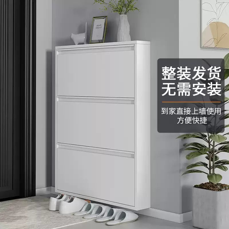 Slim Steel Shoe Rack with Flip Door, Multi-Layer Entryway Storage Cabinet, Compact Wall-Mounted Shoe Shelf for Small Spaces