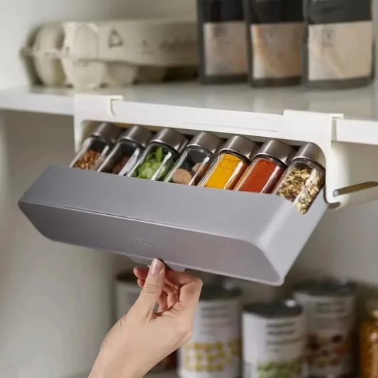 1pc Plastic Seasoning Bottle Storage Rack Punch-free Adjustable Seasoning Box Salt Sugar Seasoning Jar Set Kitchen Organizer