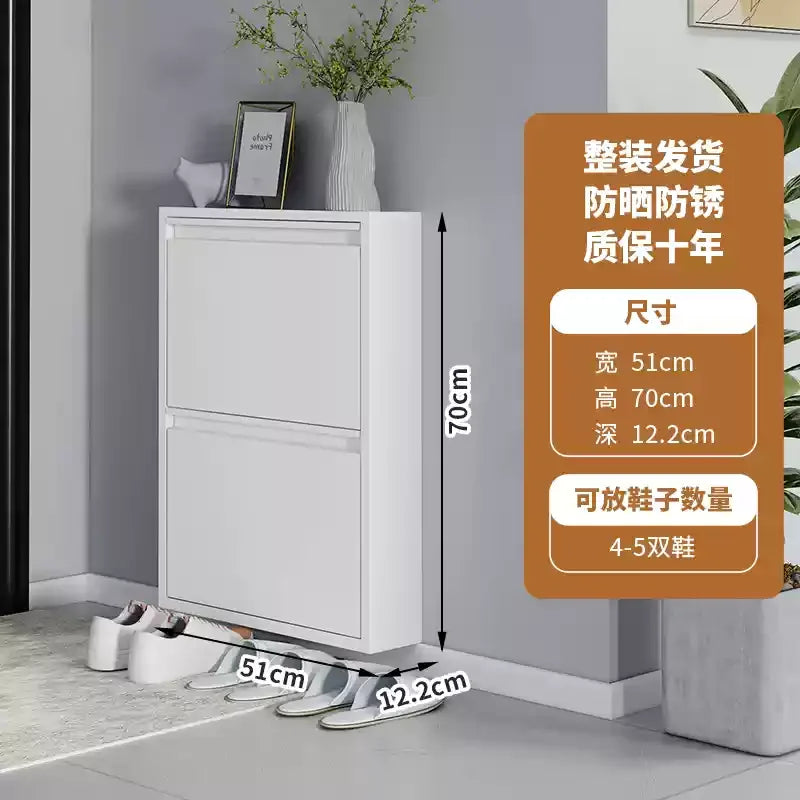 Slim Steel Shoe Rack with Flip Door, Multi-Layer Entryway Storage Cabinet, Compact Wall-Mounted Shoe Shelf for Small Spaces