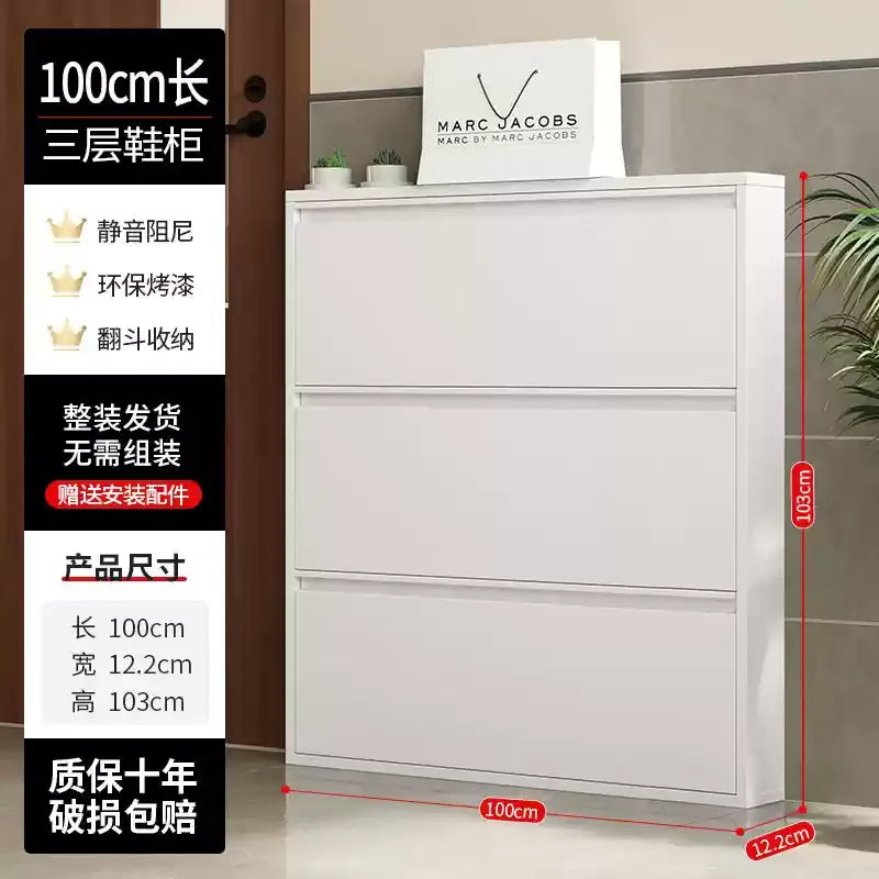 Slim Steel Shoe Rack with Flip Door, Multi-Layer Entryway Storage Cabinet, Compact Wall-Mounted Shoe Shelf for Small Spaces