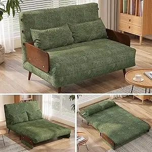 Convertible Sleeper Chair Bed Futon Sofa Bed, 3-in-1 Foldable Lazy Sofa Bed with Wood Arm and Pillows, Linen Chaise Lounge Couch