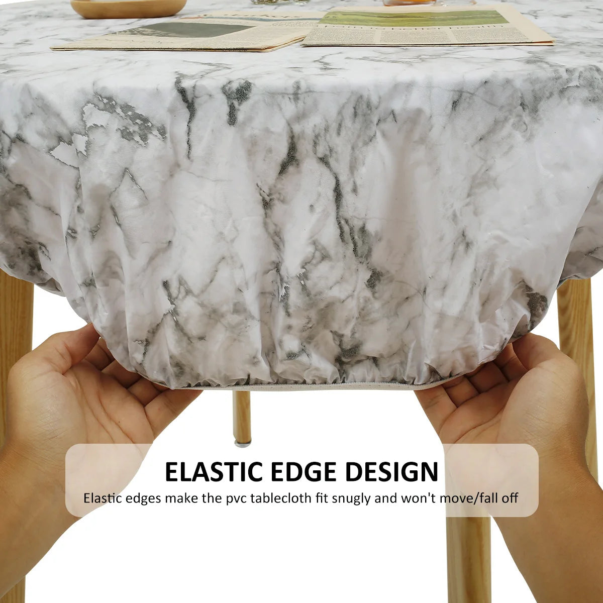 Waterproof Round Tablecloth PVC Table Decoration and Accessories Flannel Backed Elastic Edged Round Table Cover for Home Kitchen